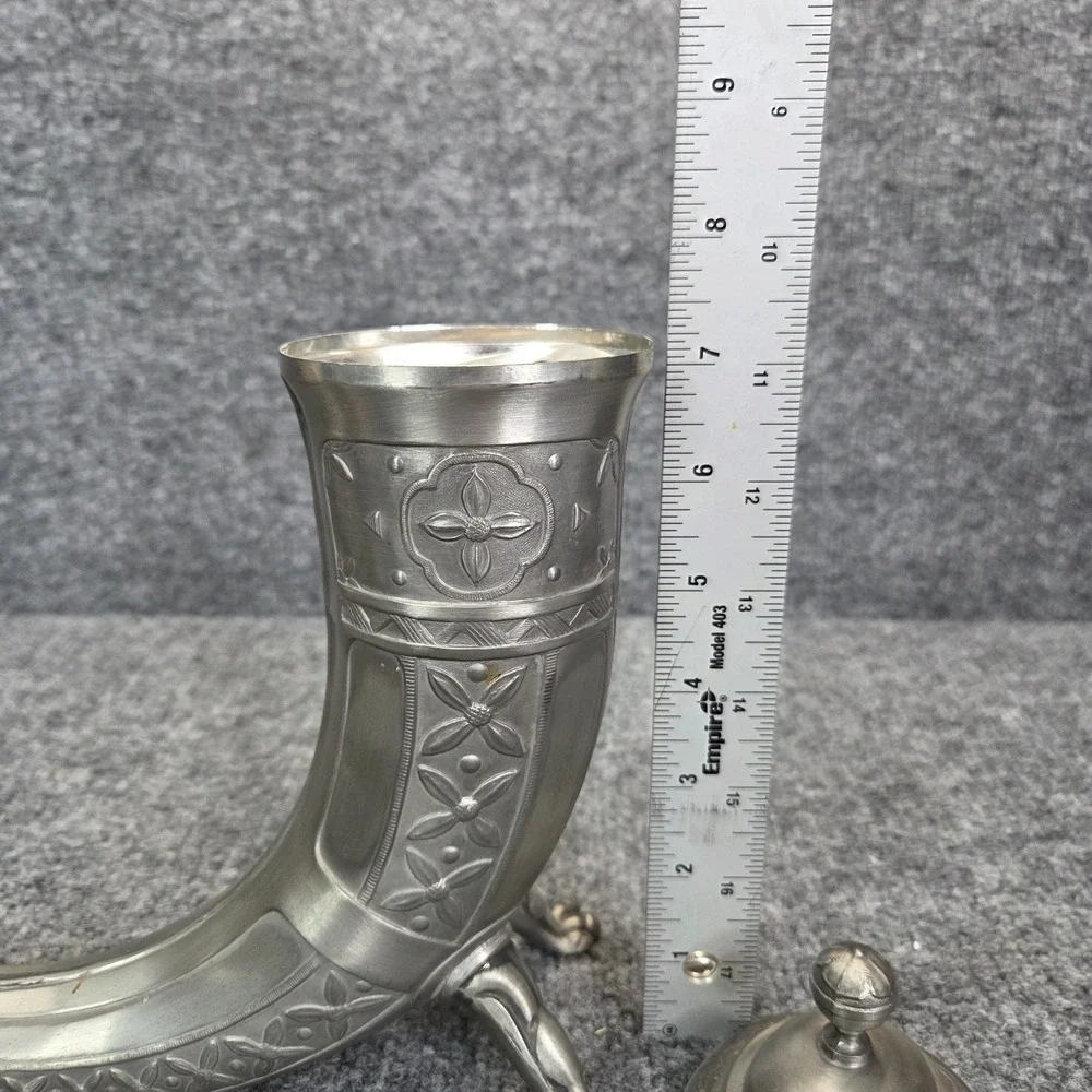 Vintage Aksel Holmsen Pewter Viking Drinking Horn with Lid Made in Norway 1930's